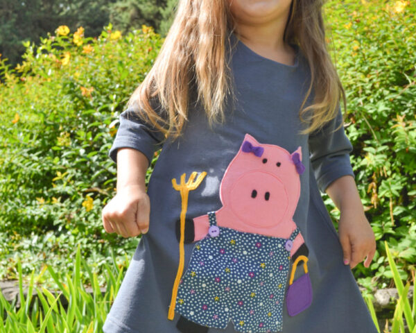 RETRO PIG Pig Dress Girl's Dress with pig Retro dress Toddler dress Pig Applique Grey shirt Sweatshirt Farm clothes Cute outfit