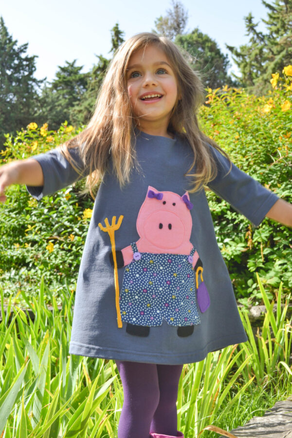 RETRO PIG Pig Dress Girl's Dress with pig Retro dress Toddler dress Pig Applique Grey shirt Sweatshirt Farm clothes Cute outfit