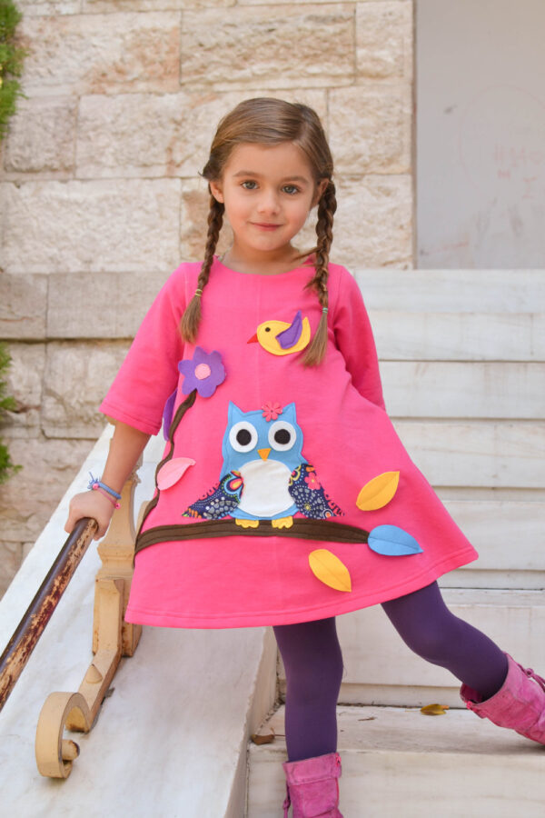 Owl dress, Owl gift, fuchsia dress, girl's outfit, toddler dress, handmade dress, applique owl, owl birthday party, owl print