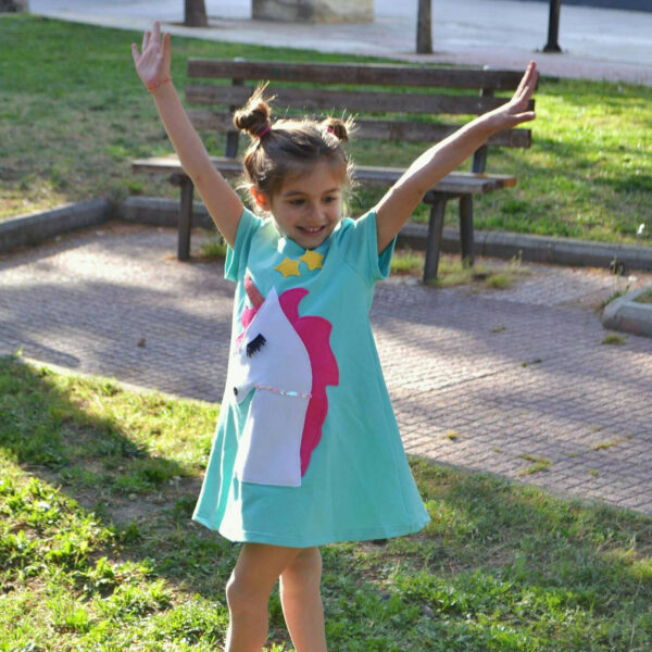 Unicorn dress Unicorn party, Unicorn applique Unicorn and rainbow Turquoise dress Teal dress Girl's gift Toddler dress Spring outfit