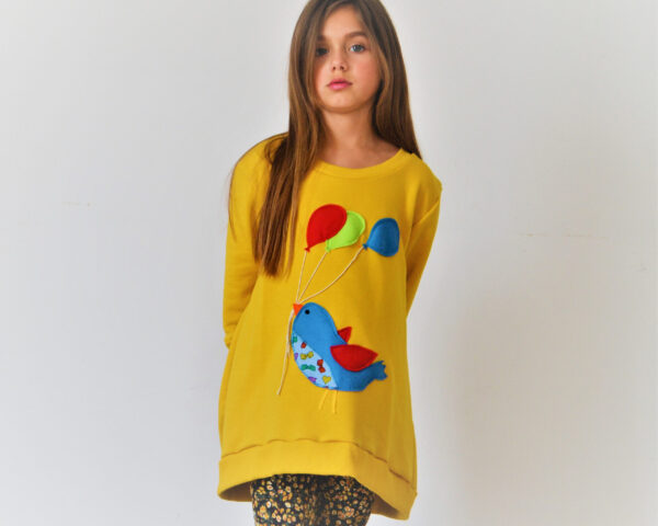Bird applique, Yellow sweatshirt, Easter pullover, Little bird, Bird with balloons, Easter gift, Toddler's dress, Spring outfit, Mustard