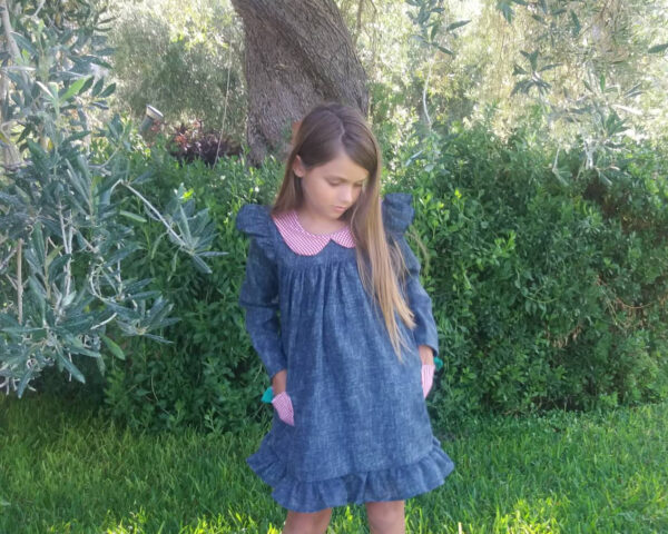 Back to school dress, Peter pan collar, denim dress, apple pockets, first day at school, toddler's dress, girl's dress, blue Jean dress