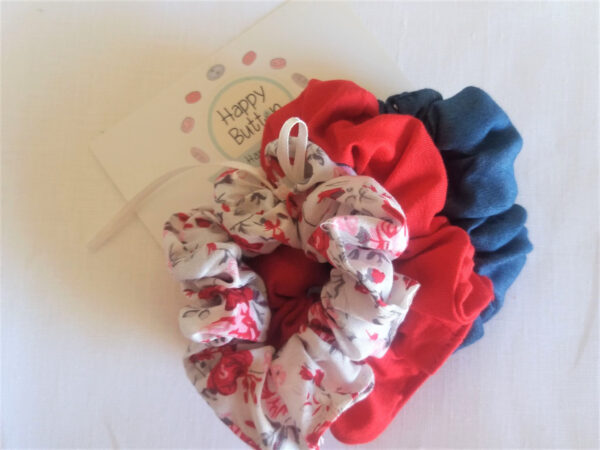 Handmade children’s hair scrunchies in floral, red and blue jean -  3 pack, floral scrunchies, scrunchies with flower, dress with scrunchy