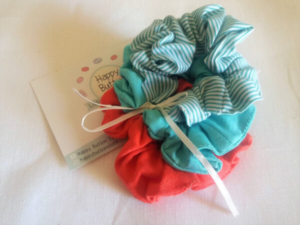 Handmade children’s hair scrunchies in striped, red and mint- 3 pack, striped scrunchies, scrunchies with stripes, assorted scrunchies