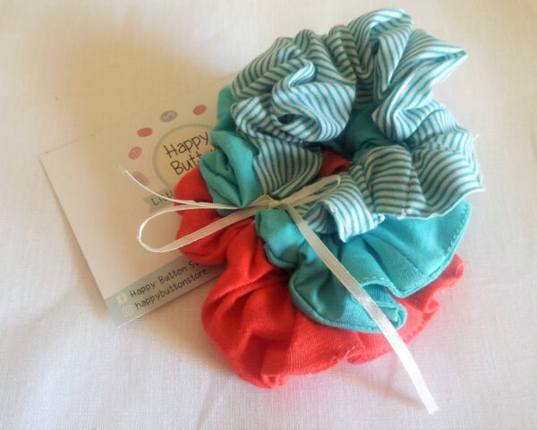 Handmade children’s hair scrunchies in striped, red and mint- 3 pack, striped scrunchies, scrunchies with stripes, assorted scrunchies