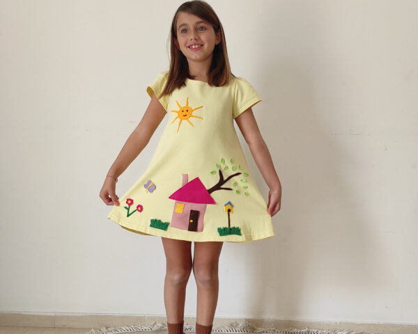 Happy house dress, House and birdhouse, House and tree, Happy dress, Yellow dress, Summer dress, Easter dress, A-line dress