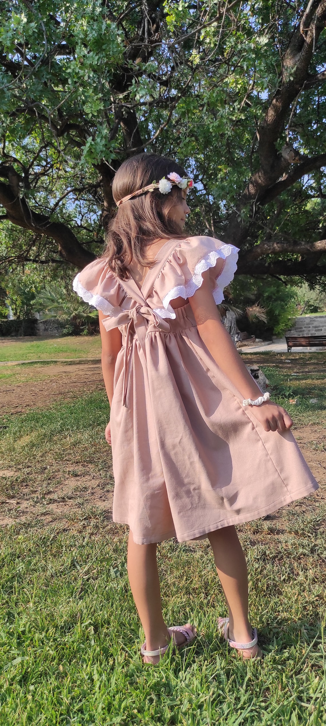 Pink linen dress flutter sleeve – Happy Button Store